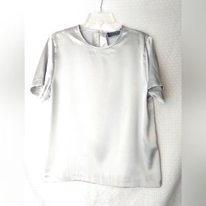 Silver Gray Satin Blouse Short Sleeve by Willow Ridge Size Large Chest 38"